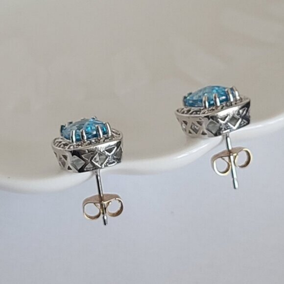 Vintage 14K White Gold Diamond Blue Topaz Square Cushion Cut Halo Stud Earrings - Picture 6 of 12